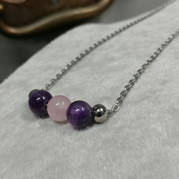 Amethyst Rose Quartz Three Bead Necklace Natural Gemstone Crystal StainlessSteel - Picture 11 of 12
